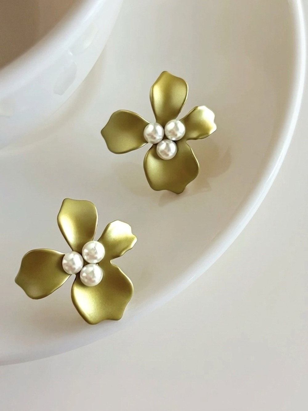 NEW Matte Sage Green Floral Studs with Aurora Pearls | S925 Silver
